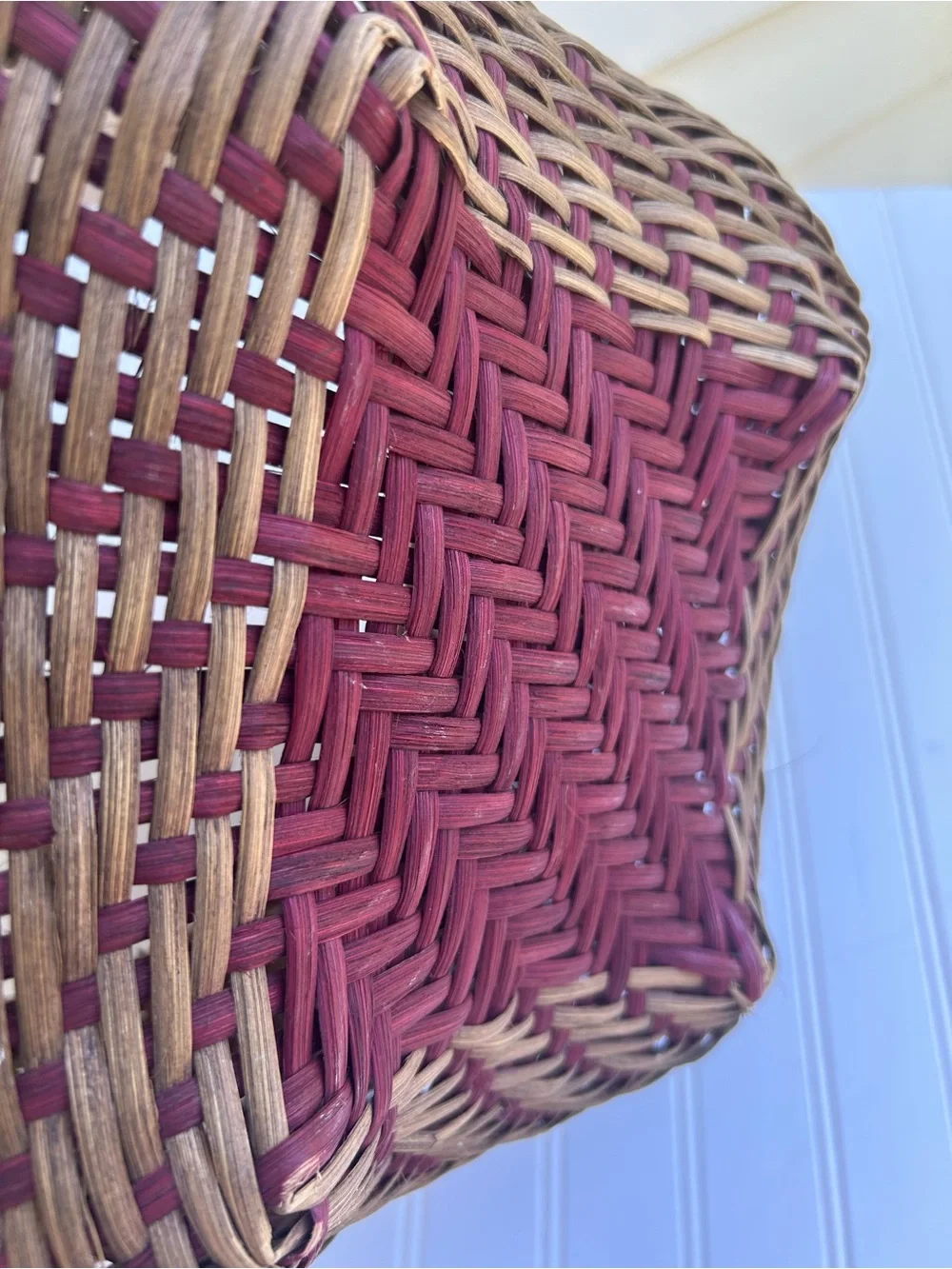 Vintage Basket Hand Woven Round Decorative Storage Brown Red Accents  9x14